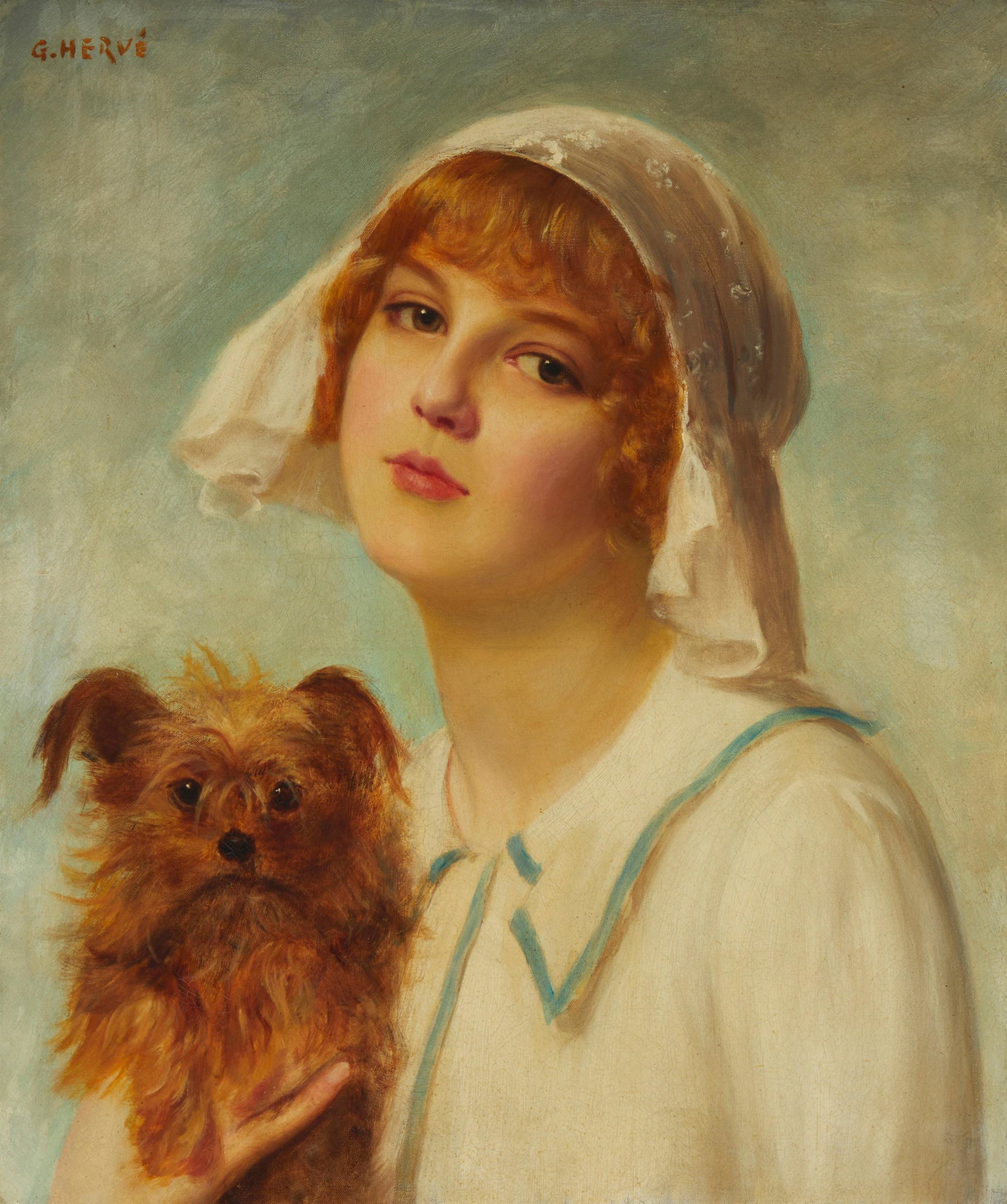 Gabriel Herve (19th/20th Century), "Girl with Dog," Oil on canvas, 22" H x 18" W: Gabriel Herve (19th/20th Century) "Girl with Dog" Oil on canvas Signed upper left: G. Herve; titled on a frame plaque 22" H x 18" W Other Notes: A label written in French is affixe