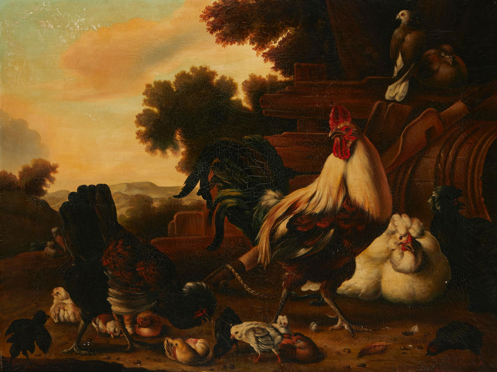 In the style of Francis Barlow (1626-1704), Still life of a rooster, chickens, and pigeons, Oil on: In the style of Francis Barlow(1626-1704)Still life of a rooster, chickens, and pigeonsAppears unsigned35.5" H x 47" W