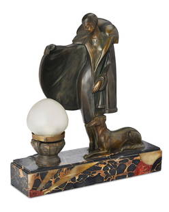 A Louis Fontinelle figural bronze and marble table lamp: A Louis Fontinelle figural bronze and marble table lampEarly 20th CenturySigned to marble base: L. Fontinelle; further marked to the underside: 130The Art Deco lamp with a cast bronze caped woman and