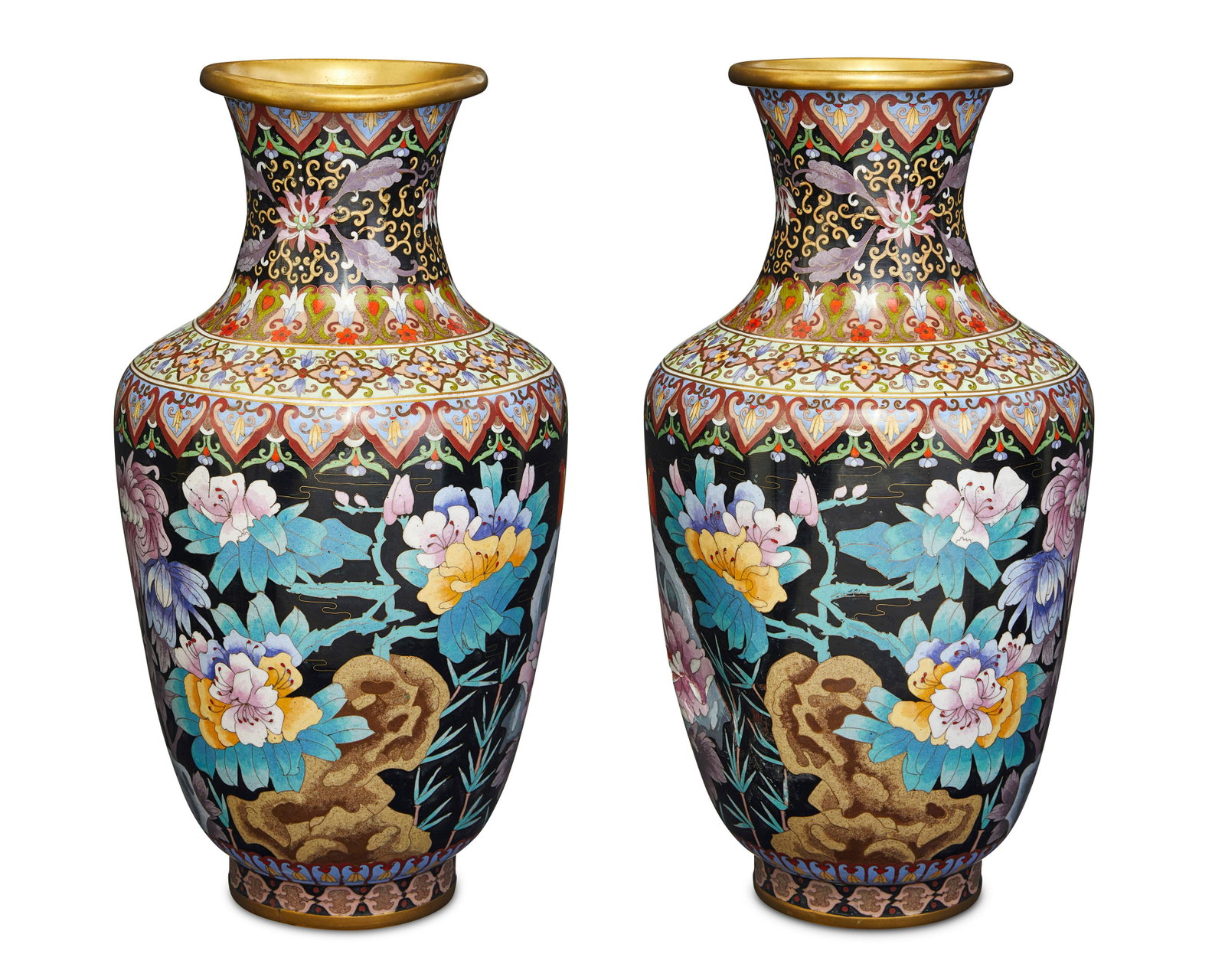 A pair of Chinese cloisonnE vases: A pair of Chinese cloisonnE vases Mid/late 20th century Each appear unmarked Two baluster form vases, each decorated in polychrome enameled all over floral and bird motifs flanked by geometric banding