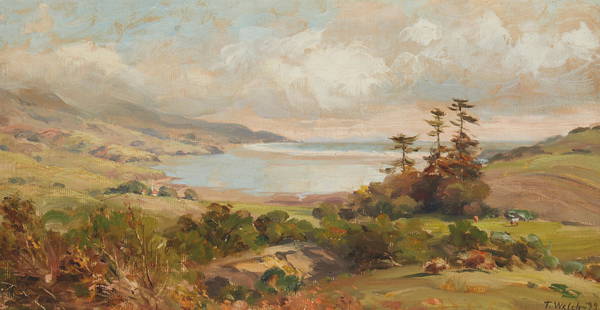 Thaddeus Welch (1844-1919), Morning by the water, 1899, Oil on canvas, 9.5" H x 17.5" W: Thaddeus Welch (1844-1919) Morning by the water, 1899 Oil on canvas Signed and dated lower right: T. Welch 9.5" H x 17.5" W