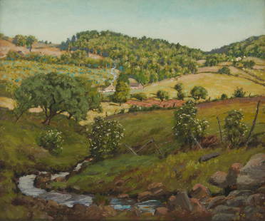 Ben Foster (1852-1926), Hilly landscape with a cozy cottage, Oil on canvas, 25.5" H x 30.5" W: Ben Foster (1852-1926) Hilly landscape with a cozy cottage Oil on canvas Signed lower left: Ben Foster 25.5" H x 30.5" W Provenance: Property of an Important New York Corporate Collection