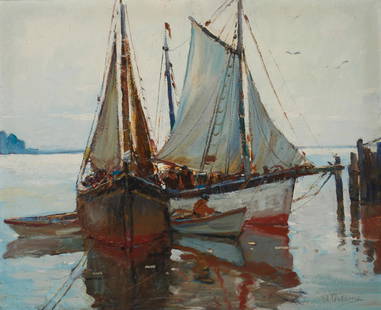 Anthony Thieme (1888-1954), "Drying Sails," Oil on canvas, 30" H x 36" W: Anthony Thieme(1888-1954)"Drying Sails"Oil on canvasSigned lower right: A. Thieme; titled by repute30" H x 36" W Provenance: Sold: Butterfield and Butterfield, Los Angeles and San