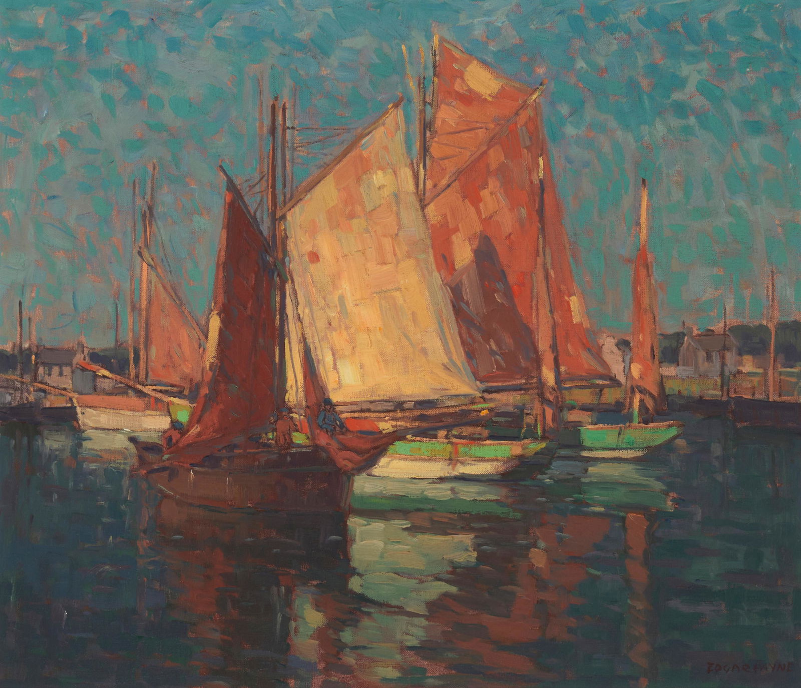 Edgar Alwin Payne (1883-1947), "Fishing Boats West Coast of France," Oil on canvas, 24" H x 28" W: Edgar Alwin Payne(1883-1947)"Fishing Boats West Coast of France"Oil on canvasSigned lower right: Edgar Payne; titled on the verso24" H x 28" WProvenance: Wolfgang Pogzeba, Taos, NMPriv
