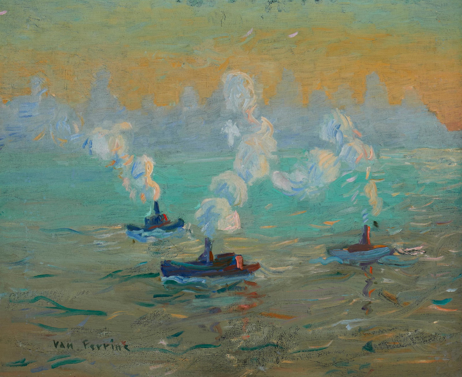 Van Dearing Perrine (1869-1955), "Tug Boats," Oil on canvas laid to canvas, 22" H x 26" W (1 of 5)