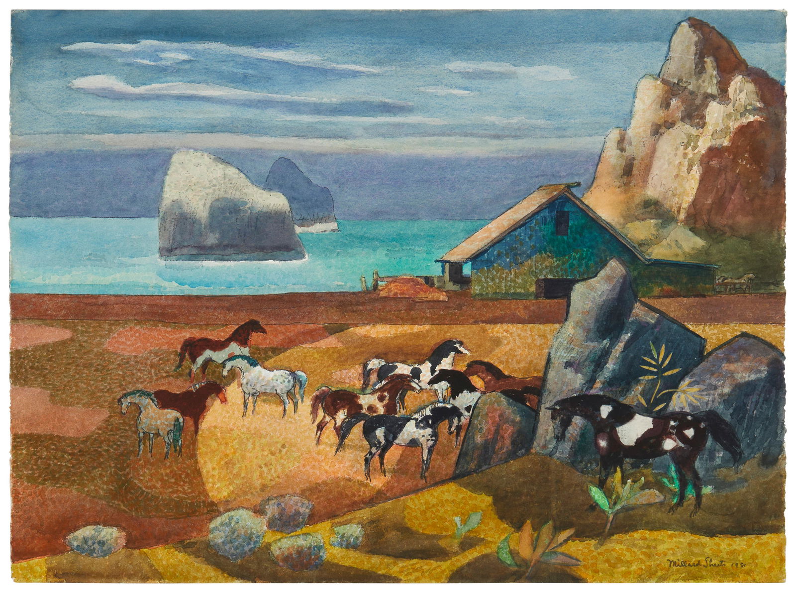 Millard Sheets (1907-1989), "Sonoma Coast with Pintos," 1981, Watercolor on paper, Image/Sheet 22" H: Millard Sheets(1907-1989)"Sonoma Coast with Pintos," 1981Watercolor on paper, blindstamp ArchesSigned and dated lower right: Millard Sheets; signed and dated again, and also titled and numbered 27069,
