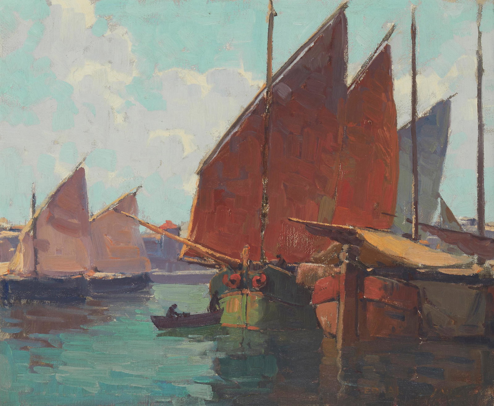 Edgar Alwin Payne, (1883-1947), Brittany Boats in Harbor, Oil on canvas, 20" H X 24" W: Edgar Alwin Payne(1883-1947)Brittany boats in harborOil on canvasSigned lower right: Edgar Payne20" H X 24" W Provenance: Sold: John Moran Auctioneers, Pasadena, CA, Lot 48