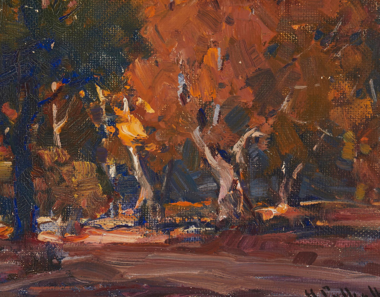 Hanson Duvall Puthuff (1875-1972), "Grove in Autumn," Oil on Masonite, 8" H x 10" W: Hanson Duvall Puthuff1875-1972"Grove in Autumn"Oil on MasoniteSigned lower right: H. Puthuff; titled in ink verso8" H x 10" W Provenance: K. Nathan Gallery, La Jolla, CASold: