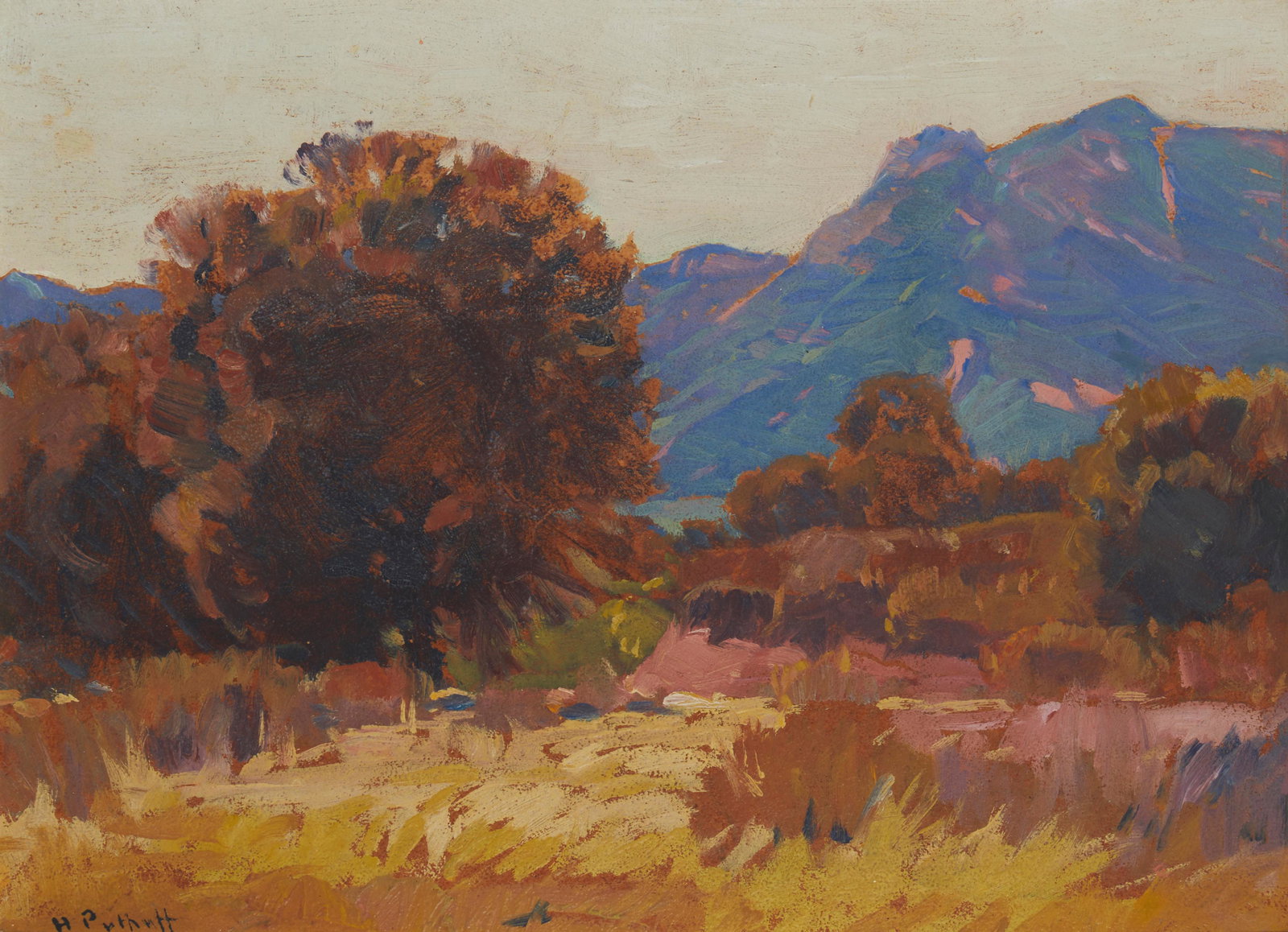 Hanson Duvall Puthuff (1875-1972), "Clear Morning," 1916, Oil on artist board, 12" H x 16" W: Hanson Duvall Puthuff(1875-1972)"Clear Morning," 1916Oil on artist boardSigned lower left: H. Puthuff; signed again and titled in ink, and with the incised date verso12" H x 16" W