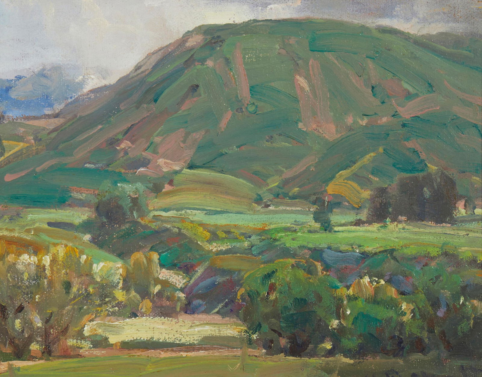 Hanson Duvall Puthuff (1875-1972), "Northern California Landscape," Oil on Masonite, 8" H x 10" W: Hanson Duvall Puthuff(1875-1972)"Northern California Landscape"Oil on MasoniteSigned lower right: H Puthuff; titled on a gallery label affixed to the frame; titled again and inscribed verso: