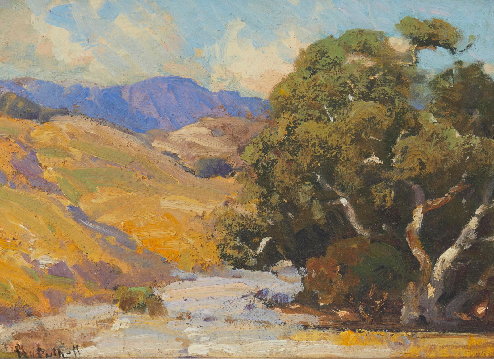 Hanson Duvall Puthuff (1875-1972), "Sunlit Hills," 1914, Oil on canvas laid to artist board, 8" H x: Hanson Duvall Puthuff(1875-1972)"Sunlit Hills," 1914Oil on canvas laid to artist boardSigned lower left: H. Puthuff; signed again, titled, and dated in ink verso8" H x 11" W Other