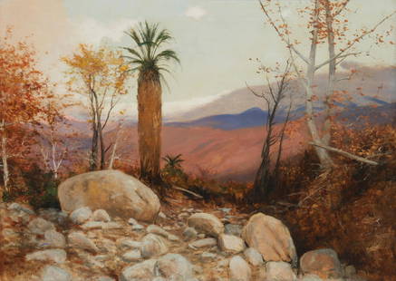 Lockwood De Forest (1850-1932), "Andreas Canyon, Palm Springs, Calif.," 1914, Oil on canvas, 24" H x: Lockwood De Forest(1850-1932)"Andreas Canyon, Palm Springs, Calif.," 1914Oil on canvasSigned and dated lower left: L de Forest; signed again and titled in pencil on the stretcher24" H x