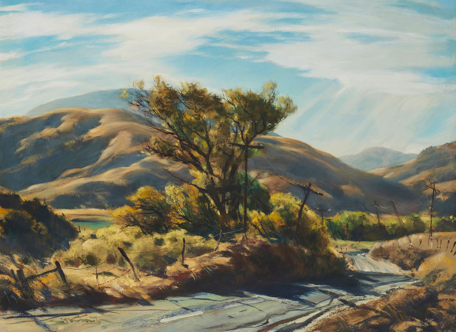 Emil Kosa Jr. (1903-1968), "Sentimental Journey," Oil on Masonite, 28" H x 38" W: Emil Kosa Jr.(1903-1968)"Sentimental Journey"Oil on MasoniteSinged lower left: Emil Kosa Jr.; signed again and titled verso28" H x 38" W