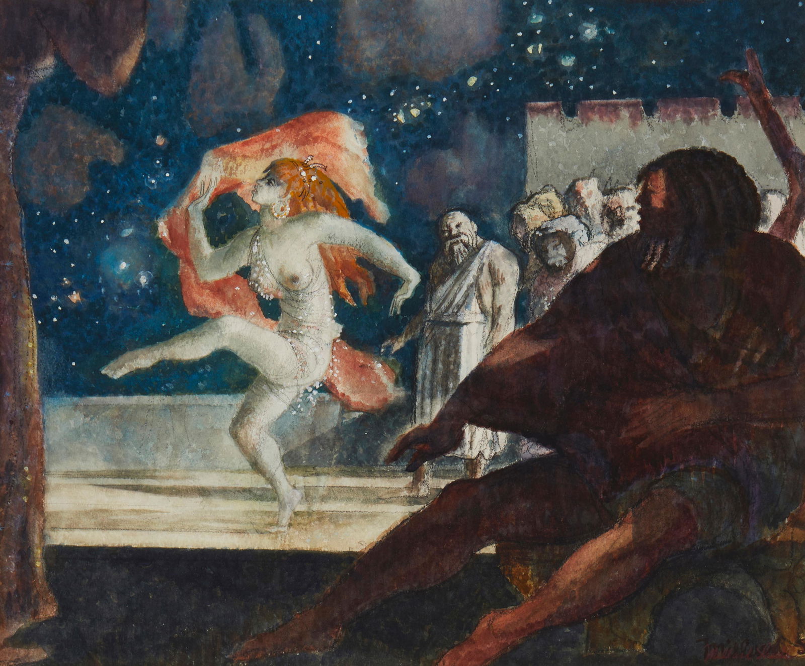 Millard Sheets (1907-1989), Theatrical scene from "Salome," Watercolor on heavy wove paper,: Millard Sheets(1907-1989)Theatrical scene from "Salome"Watercolor on heavy wove paperSigned lower right: Millard Sheets; titled by reputeImage/Sheet: 16.5" H x 20.375-20.5" W Provenance: Stary - Sheet