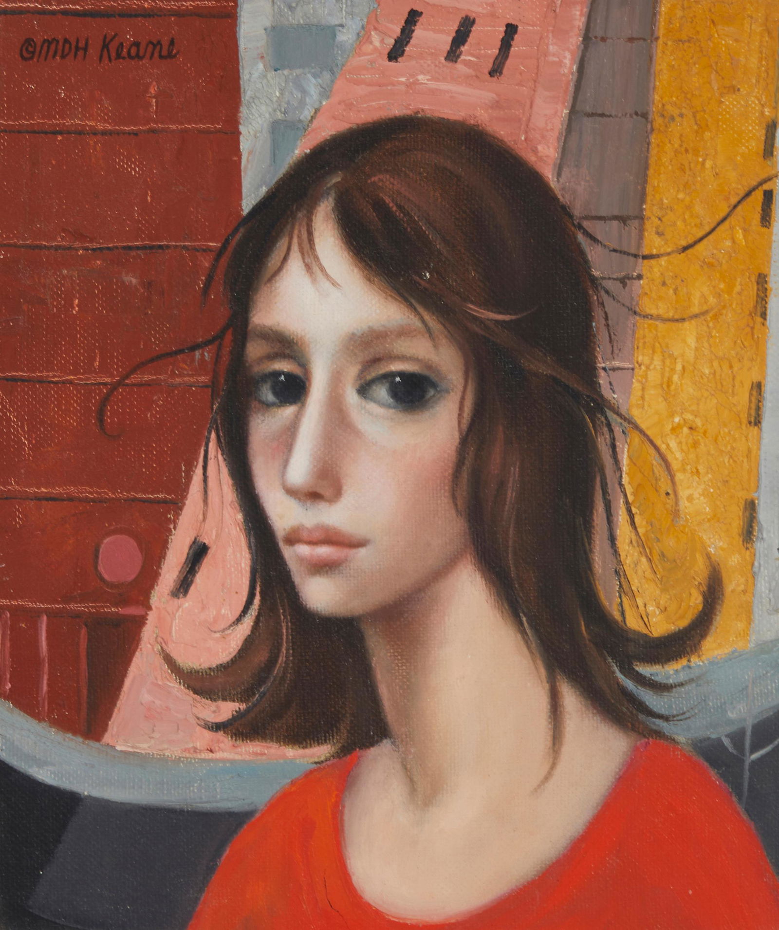 Margaret Keane (1927-2022), Portrait of a lady in red, Oil on Masonite, 9" H x 7.75" W (1 of 5)