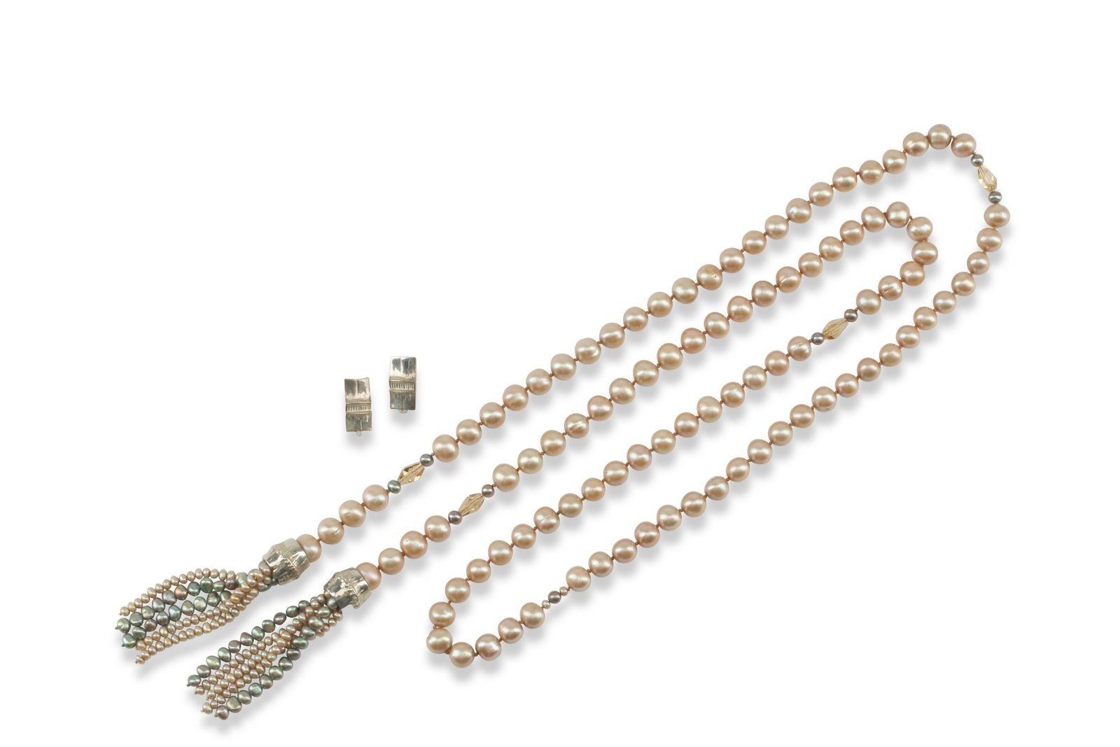 A Mignon Faget pearl and sterling silver lariat set: A Mignon Faget pearl and sterling silver lariat set Variously marked: Mignon Faget / (C) / Mf / Sterling A sterling silver 10 mm natural pearl lariat featuring sterling silver bamboo tassel ends with 