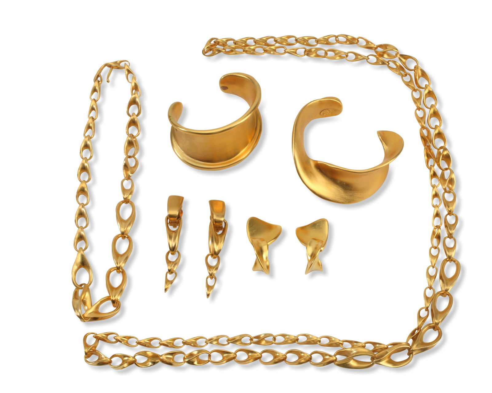 A set of Robert Lee Morris matte gold jewelry: A set of Robert Lee Morris matte gold jewelryMarked for Robert Lee Morris; 1992A group of 24k matte gold-plated jewelry circa 1992 including two chain necklaces (48" L and 16" L), two chunky