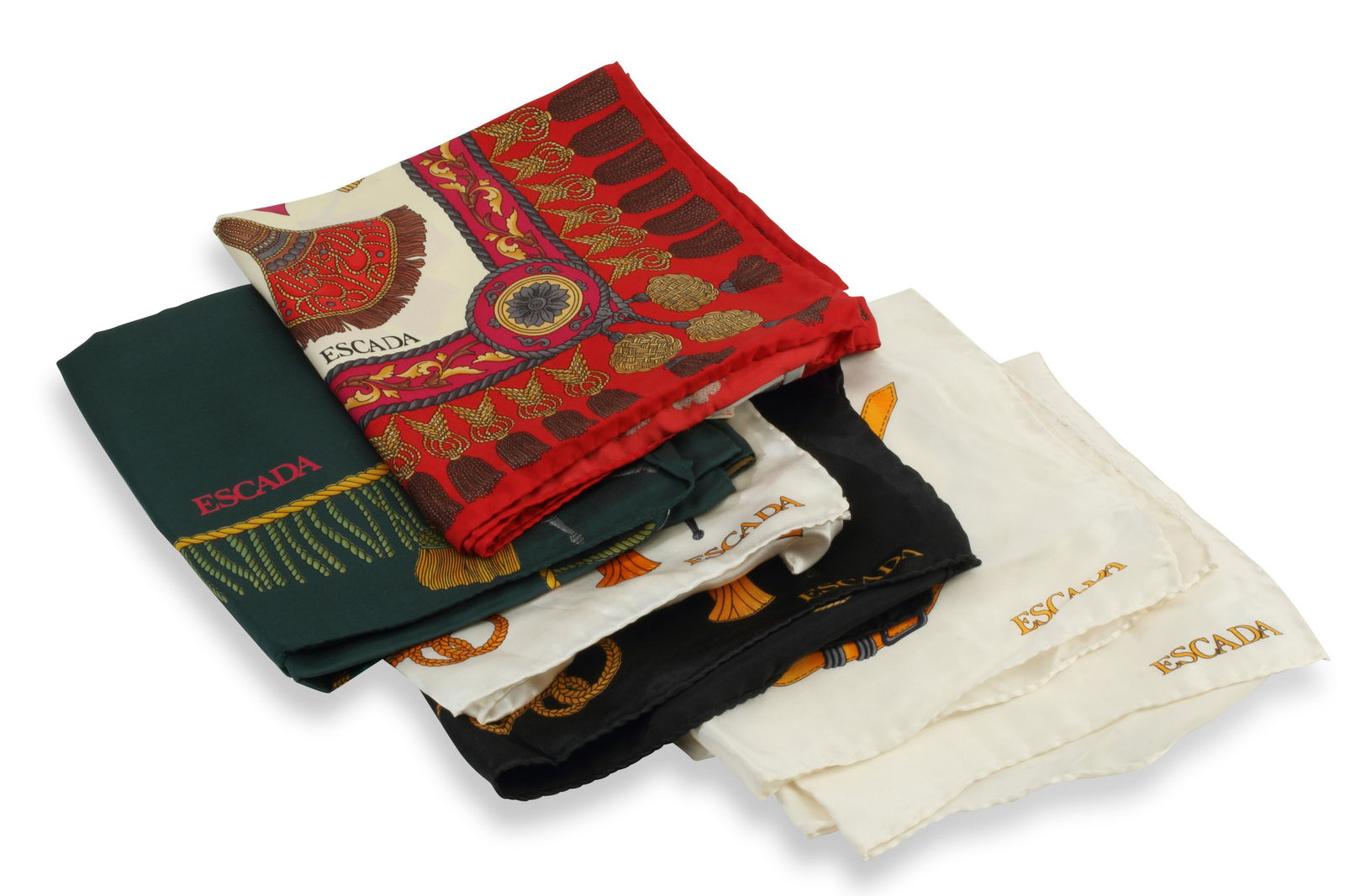 A collection of five Escada silk scarves: A collection of Escada silk scarvesEach variously marked for Escada / Margaretha Ley; Italy; 100% silkA group of six including two large silk scarves and four smaller handkerchief scarves, in various