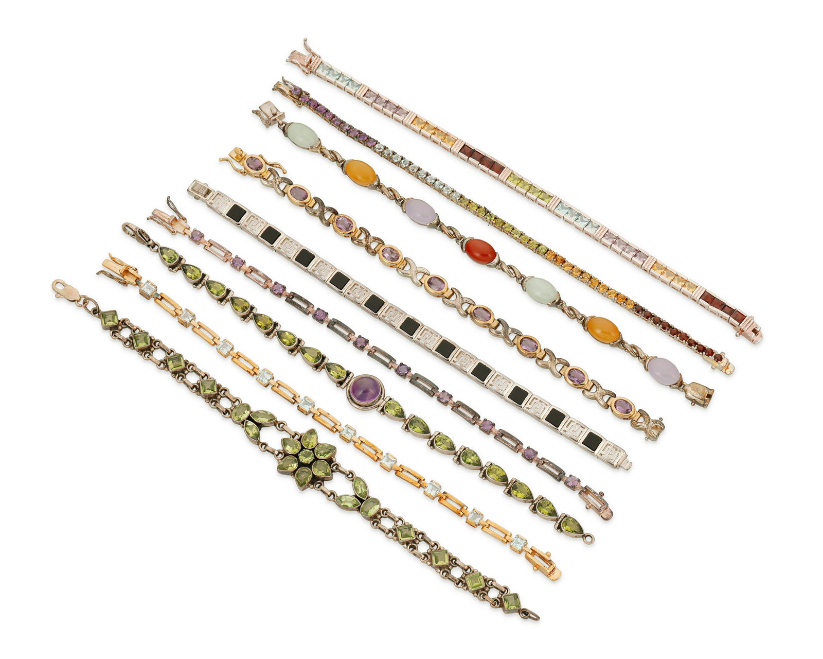 A group of sterling silver and vermeil gemset link bracelets: A group of sterling silver and vermeil gem set link braceletsLate 20th/21st centuryVariously markedComprising nine sterling silver link bracelets in various styles, colors and sizes including amethyst