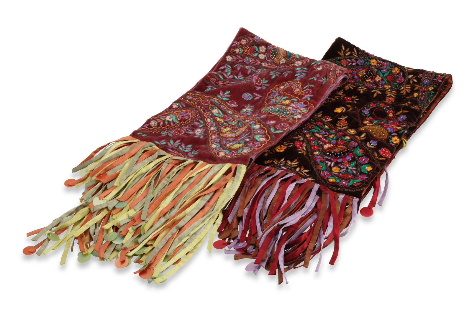 Two Etro embroidered velvet scarves: Two Etro embroidered velvet scarvesEach marked to label: Etro / Milano / 100% silk / seta /soie / seideTwo vintage style velvet scarves with elaborate beadwork and embroidery in paisley motifs, one in