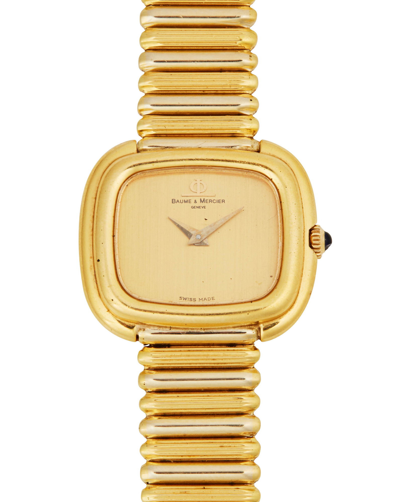 A Baume & Mercier lady's gold wristwatch: A Baume & Mercier lady's gold wristwatch Dial: Gilt dial, signed: Baume & Mercier / Geneve, gilt dauphine hands Movement: 17 jewel stem wind and set movement, cal: BM773, gilt-metal finish Case/Bracel