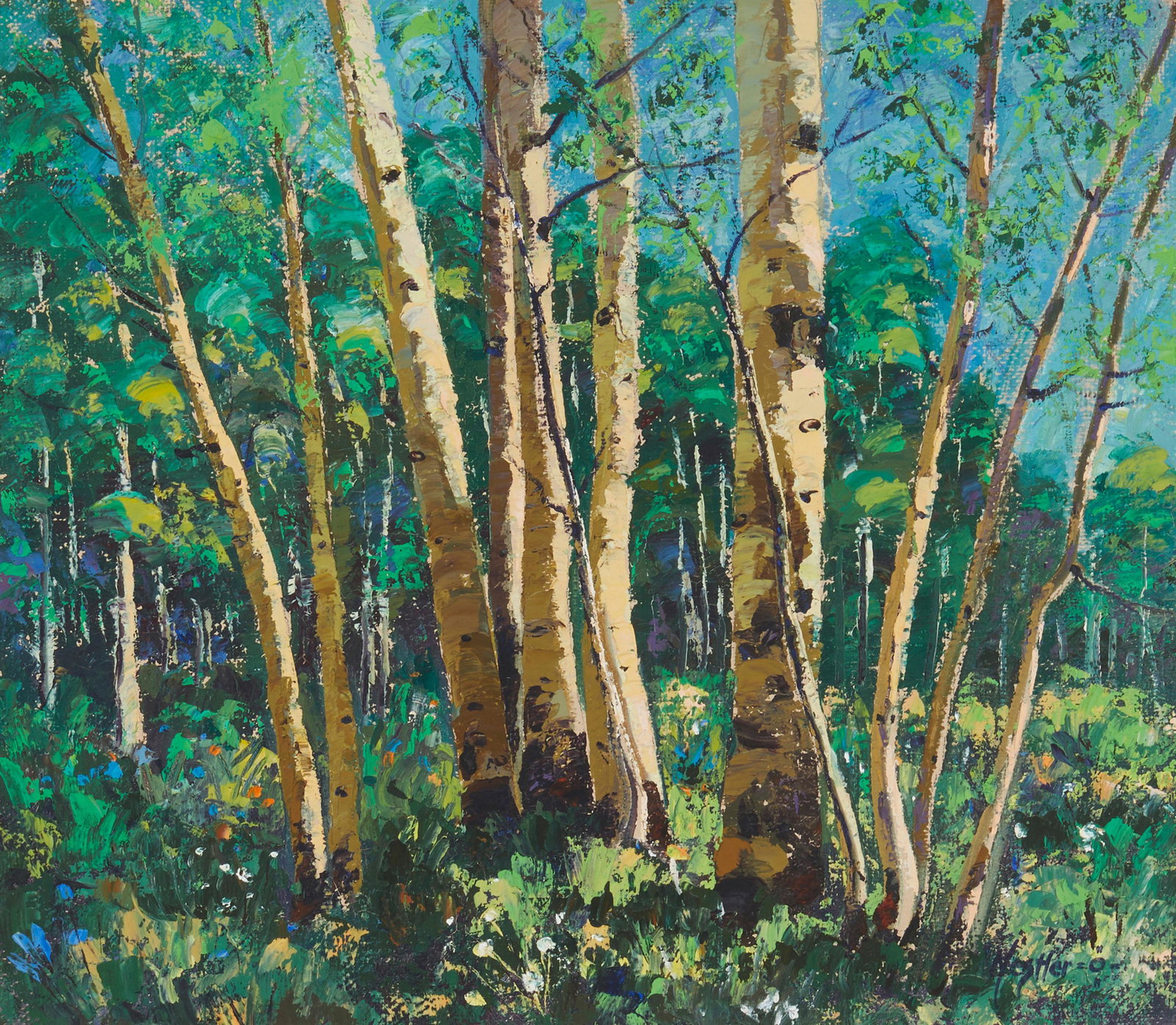 Alfred Nestler, 1900-1970 Arizona, Aspen trees in landscape, oil on canvas, 16" x 18": Alfred Nestler (1900-1970) Forest landscape Oil on Masonite Signed lower right: Nester and with the artist's device 16" H x 18" W