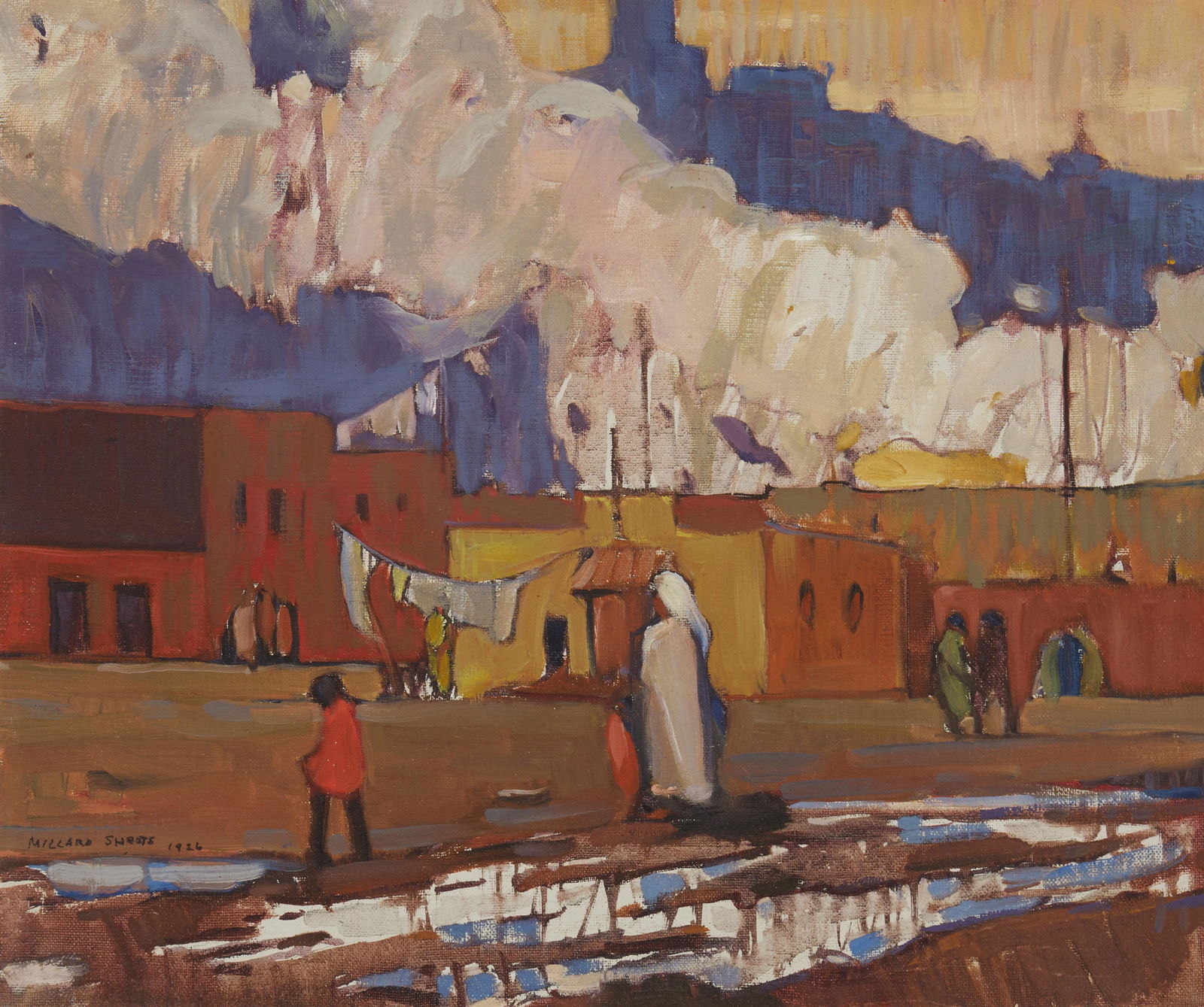 Millard Sheets (1907-1989), "Street Scene," 1926, Oil on canvas, 16" H x 19" W: Millard Sheets(1907-1989)"Street Scene," 1926Oil on canvasSigned and dated lower left: Millard Sheets16" H x 19" W Provenance:Private Collection, gift from the artistPr