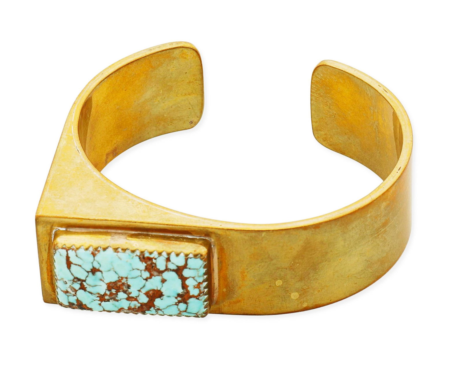 A Modernist Southwest-style brass and turquoise cuff bracelet: A Modernist Southwest-style brass and turquoise cuff bracelet Late 20th/21st century Marked with unknown leaping animal pictograph A Modernist-style brass metal cuff with asymmetrical set turquoise wi