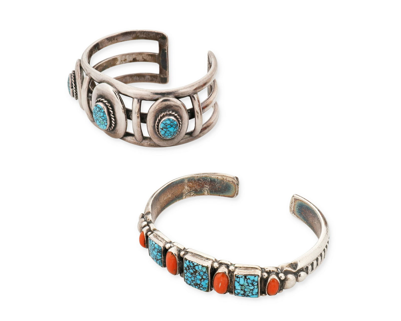 Two Southwest silver and stone cuff bracelets including Lewis Lomay: Two Southwest silver and stone cuff bracelets including Lewis LomayMid/late 20th centuryTwo works:Lewis Lomay (c.1915-1996; Hopi)A Hopi silver and turquoise cuff braceletStamped to one terminal: [snak
