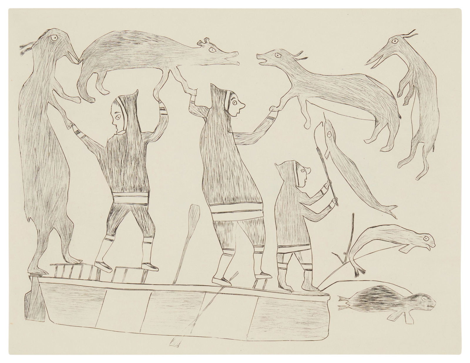 Keeakshook Kiakshuk (1886-1966), "Hunters, Umiak and Animals," 1962, Stonecut on cream-colored (1 of 6)
