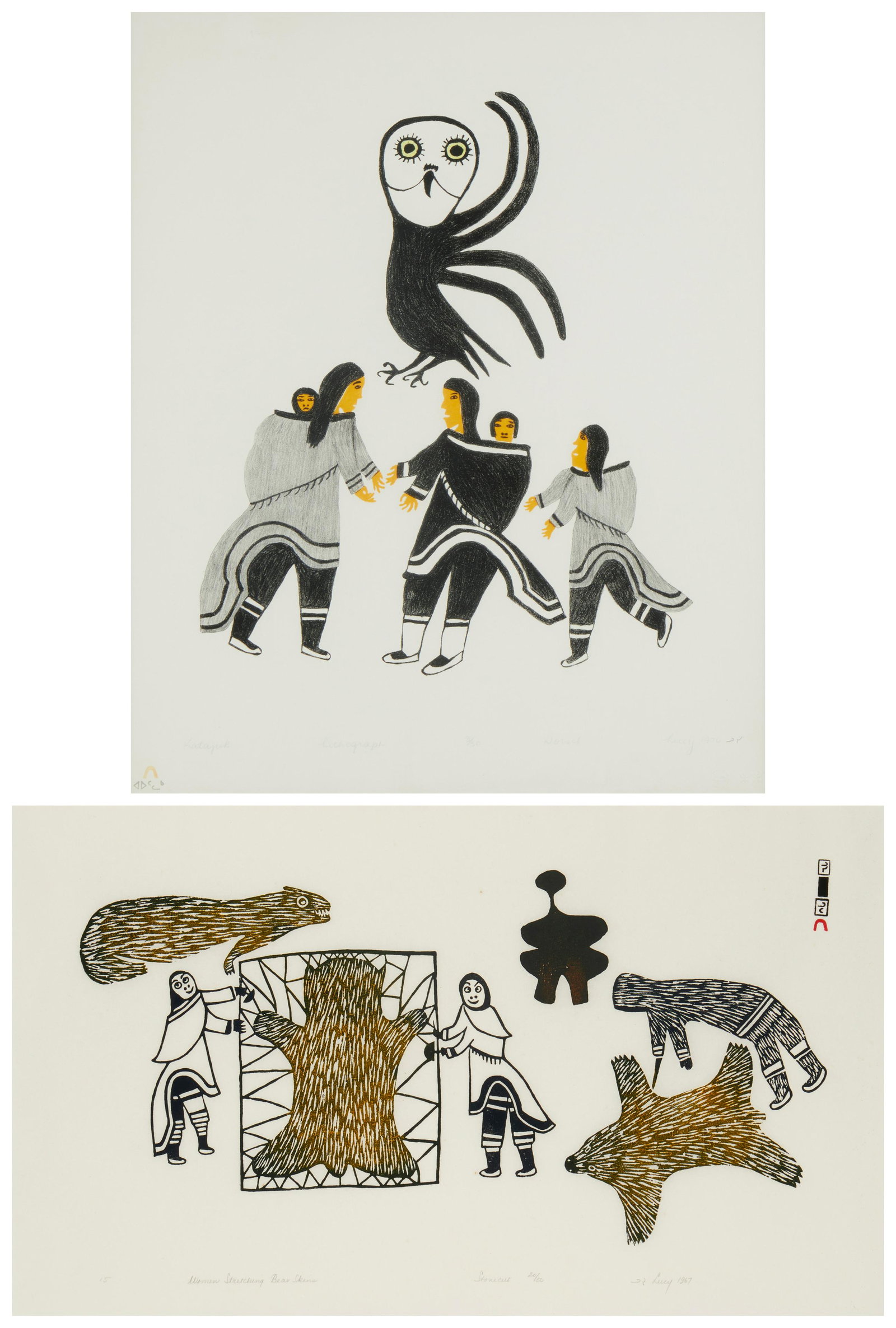 Lucy Qinnuayuak (1915-1982), "Woman Stretching Bear Skins," 1967, Stonecut in colors on paper,: Lucy Qinnuayuak (1915-1982) "Woman Stretching Bear Skins," 1967 Stonecut in colors on paper Edition: 20/50 Signed, titled, dated, and numbered in pencil along the lower edge: Lucy Sight: 17&