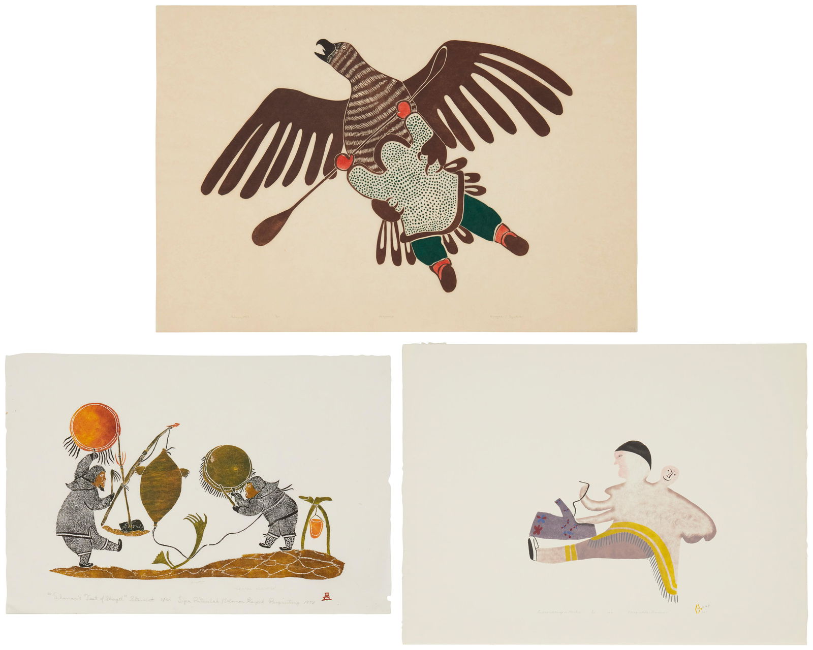 Three Inuit stonecuts, Agnes Nanogak (1925-2001), Toweener Arngnakik (20th century), Lipa Pitsiulak (1 of 18)