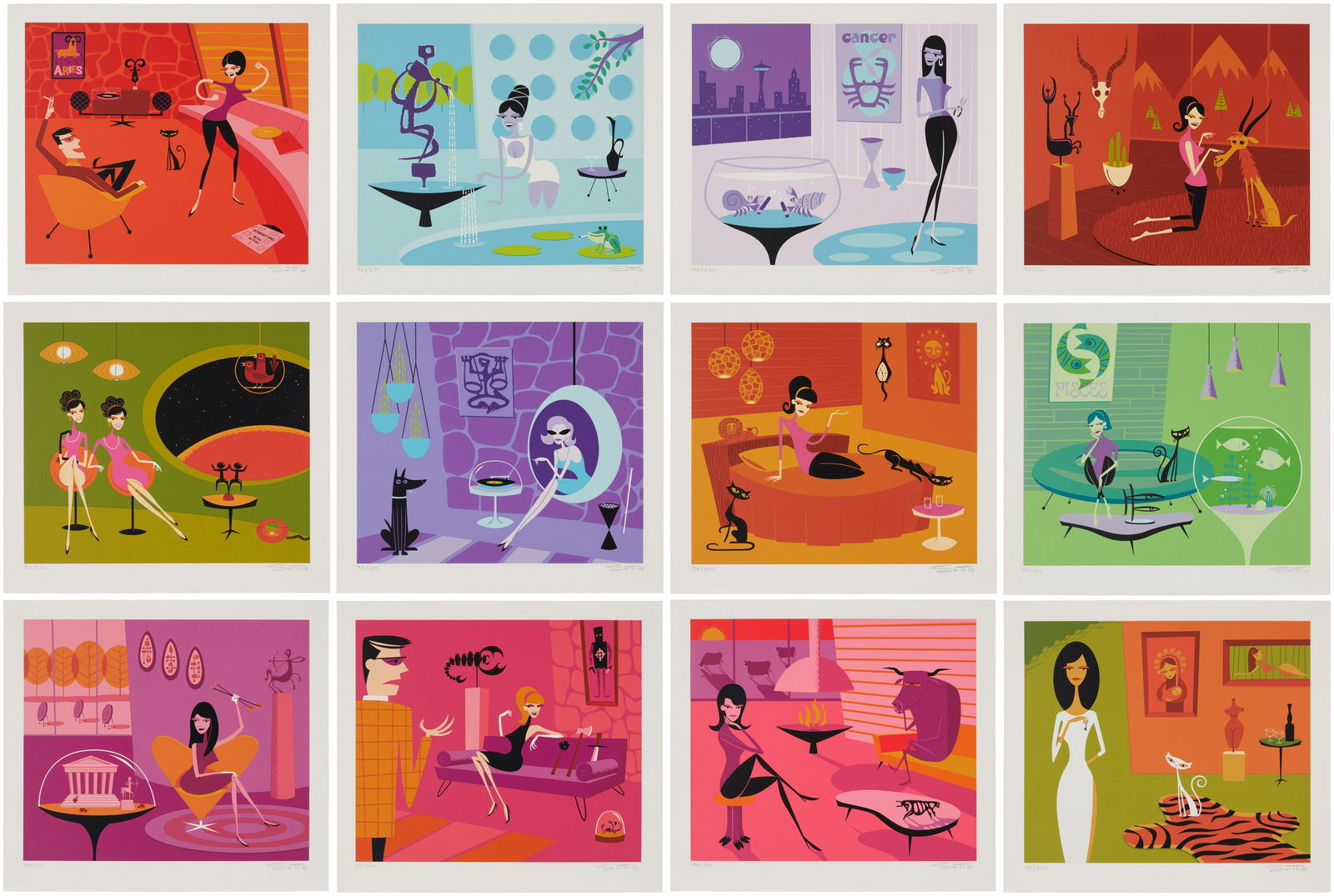 Josh (SHAG) Agle (b. 1962), "Shag's Zodiac," 2003, 12 Screenprints in colors in a black folio box, (1 of 20)