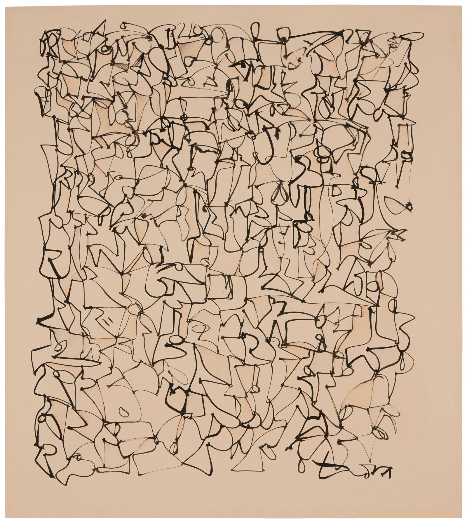 Ernest Trova (1927-2009), "Script Picture Number 34," Ink on the verso of a cream-colored: Ernest Trova(1927-2009)"Script Picture Number 34"Ink on the verso of a cream-colored lithographic exhibition poster on paperSigned lower right: Trova; titled by reputeImage of recto: 24.25&q