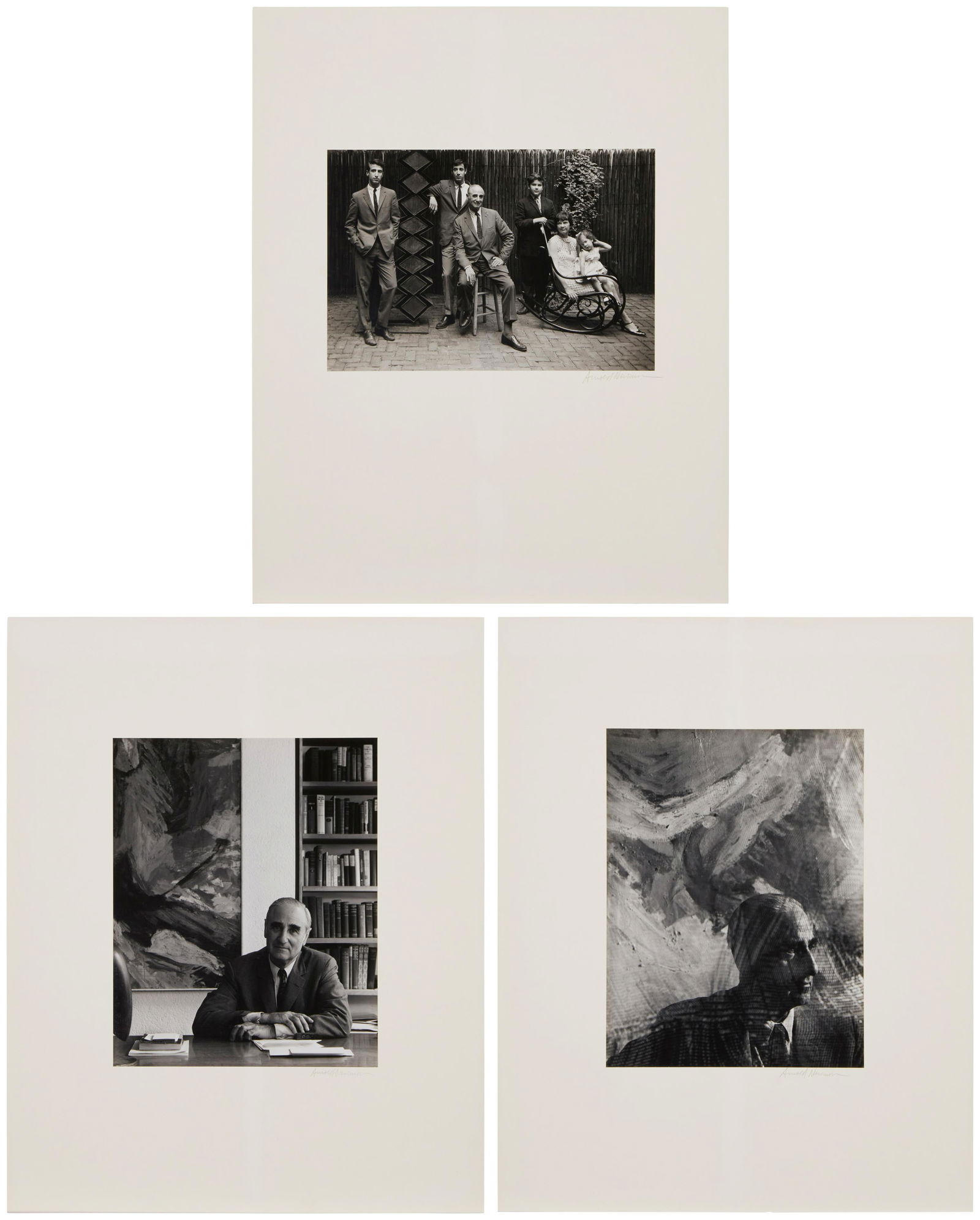 Arnold Newman (1919-2006), Three gelatin silver prints on photographic paper laid to mat board,: Arnold Newman (1919-2006)Portrait of the Wise FamilyGelatin silver print on photographic paper laid to mat boardFrom the edition of unknown size and dateSigned in pencil on the mat board just below th