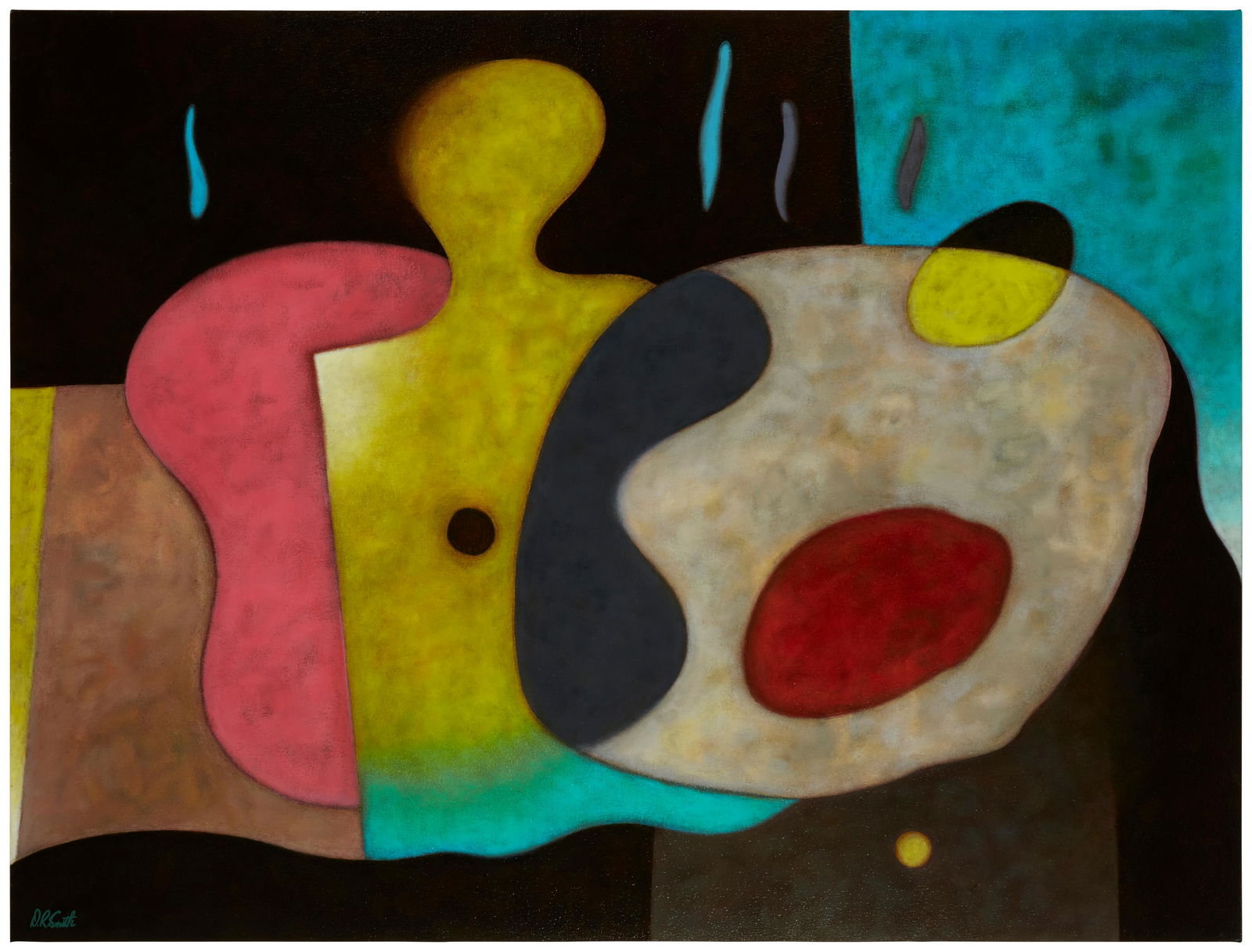 David Smith (20th Century), "Dinner is Served," 1998, Acrylic on canvas, 36" H x 48" W: David Smith(Active 20th Century)"Dinner is Served," 1998Acrylic on canvasSigned lower left: D.R. Smith; signed again and dated verso: (C) D.R. Smith; titled on an artist label affixed to the