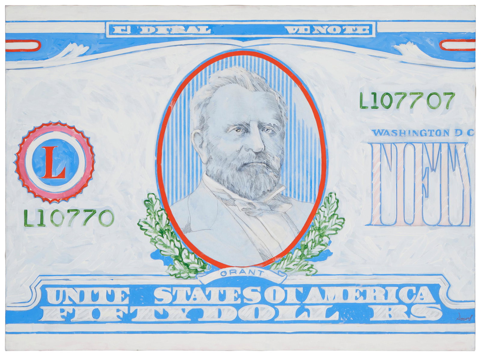 Robert Dowd (1936-1996), Ulysses S. Grant 50 dollar bill, Oil on canvas, 42" H x 58" W (1 of 5)