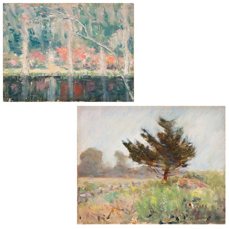 William Posey Silva (1859-1948): Two Landscapes: ''Old Field - Ogunquit - Me.'' and ''Garden of Dreams / Magnolia ** Ashley / near Charleston SC'', the first: signed lower right: William P. Silva, titled verso and again on a verso la