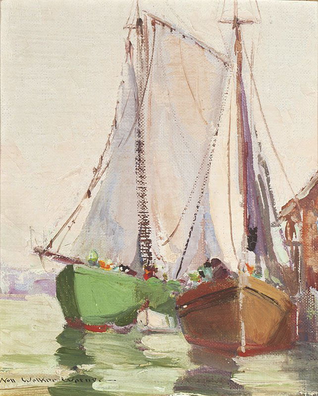 Nell Walker Warner (1891-1970): Docked Sailboats, signed lower left: Nell Walker Warner, oil on canvasboard, sight size: 7'' x 5.75'', est:$800/1200. Provenance: Private Collection, Whittier, CA