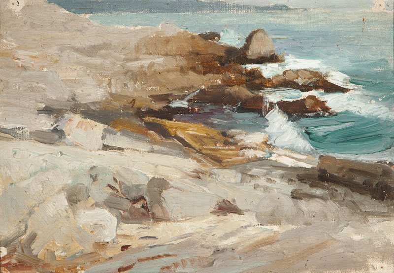 William Ritschel (1864-1949): Rocks and Beach Along the California Coast, appears unsigned, oil on canvas laid to board, 10'' x 13.5'', est:$1000/2000. Provenance: Property from the Collection of William Ritschel's First Wife; by 