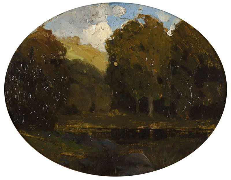 William Wendt (1865-1946): Verdant Summer Landscape, unsigned, oil on board, oval: 7.5'' x 9.25'', est:$2000/3000. Provenance: The artist; given to his sweetheart (later wife), Julia Bracken, Chicago, IL, circa 1894-1901; given