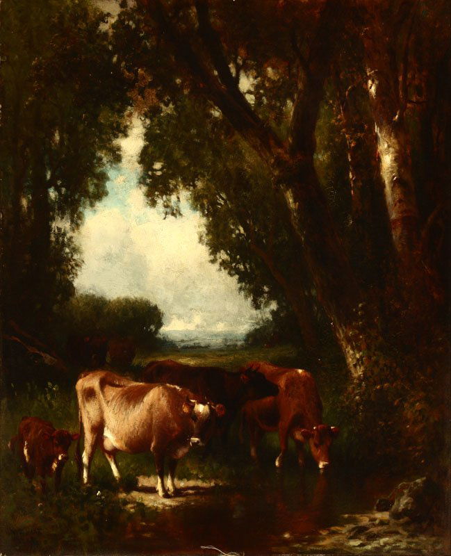 William Hart (1823-1894): Cows Watering, signed and dated lower left: Wm. Hart. 1882, oil on canvas laid to panel, 16.75'' x 13.5'', est:$1500/2000. Provenance: Private Collection, Orange County, CA