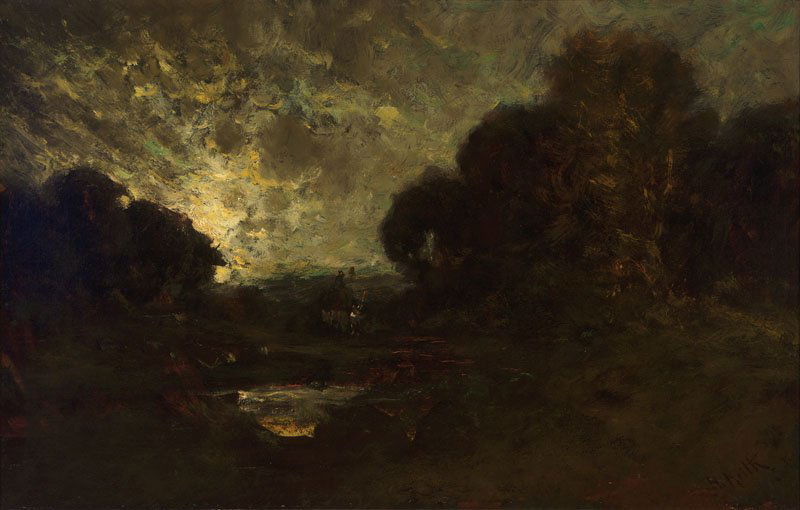 William Keith (1838-1911): Tonalist Landscape with Figures and Hay Cart, signed and inscribed lower right: W. Keith S.F., oil on canvas laid to canvas, 18'' x 28'', est:$3000/5000. Provenance: Private Collection, Los Angeles, C