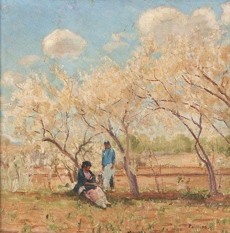 Bert Geer Phillips (1868-1956): A Native American Family in an Orchard, circa 1935, signed lower right: Phillips, oil on masonite, 14'' x 14'', est:$10,000/15,000. Provenance: Private Collection, Glendale, CA; by descent two generat