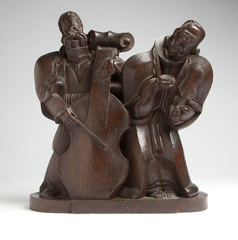 Karoly Fulop (1891-1963): The Beggars, Two Men: One Playing a Bass and the Other Holding a Violin and Bowl, Circa 1930s, unsigned, carved on wood, 17'' x 16'', est:$3000/5000. Provenance: Property of the Women's Twentieth Cent
