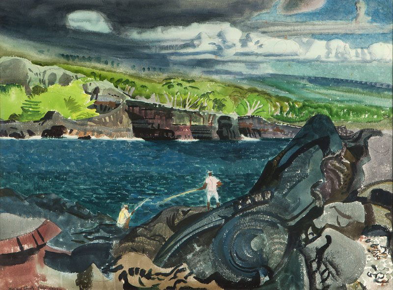 Millard O. Sheets (1907-1989): Kona, Hawaii, Lava Cliffs Near City of Refuge, Hawaii, signed and titled lower left: Millard Sheets, watercolor on paper under glass, paper size: 22'' x 30'', est:$10,000/15,000. Exhibited: Pasadena A