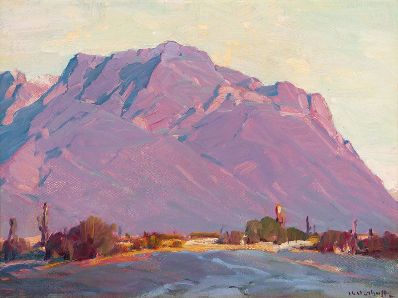 Hanson Duvall Puthuff (1875-1972): Fragment - Superstition Mt., signed lower right: H. Puthuff, signed again and titled verso, oil on canvas laid to board, 12'' x 16'', est:$2500/3500. Note: Estate Certificate of Authenticity stamped v