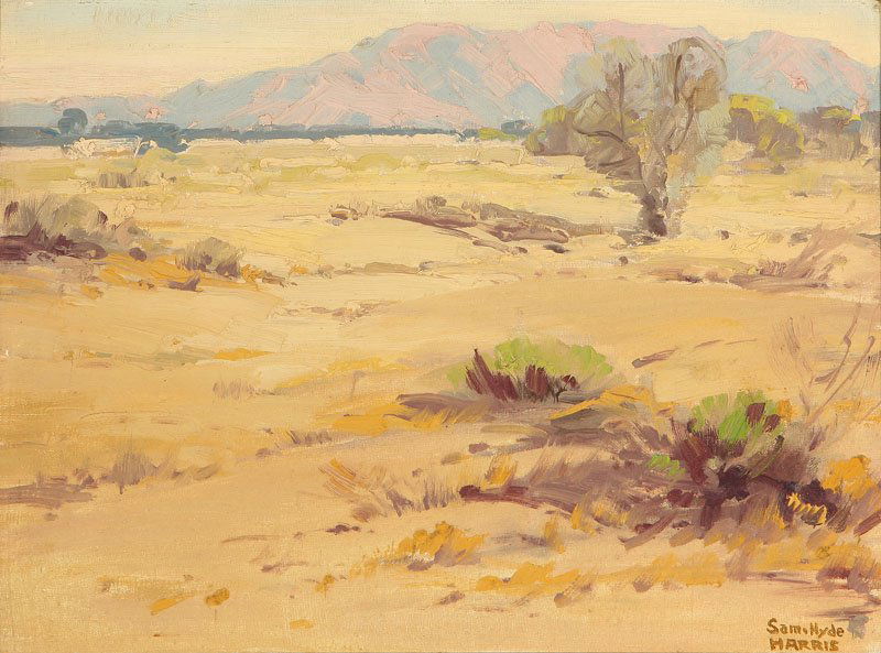 Sam Hyde Harris (1889-1977): Desert Landscape, estate signed lower right: Sam Hyde Harris, oil on canvasboard, 12'' x 16'', est:$3000/5000. Exhibited: 'Desertscapes: Early California Desert Painters'', Walter N. Marks Center for