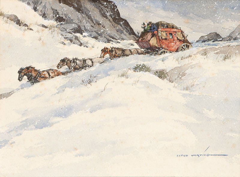 Lloyd Harting (1901-1974): Stagecoach in the Snow, signed lower right: Lloyd Harting, watercolor heightened with white gouache on paperboard, 9'' x 12'', est:$800/1200. Provenance: Private Collection, Carlsbad, CA