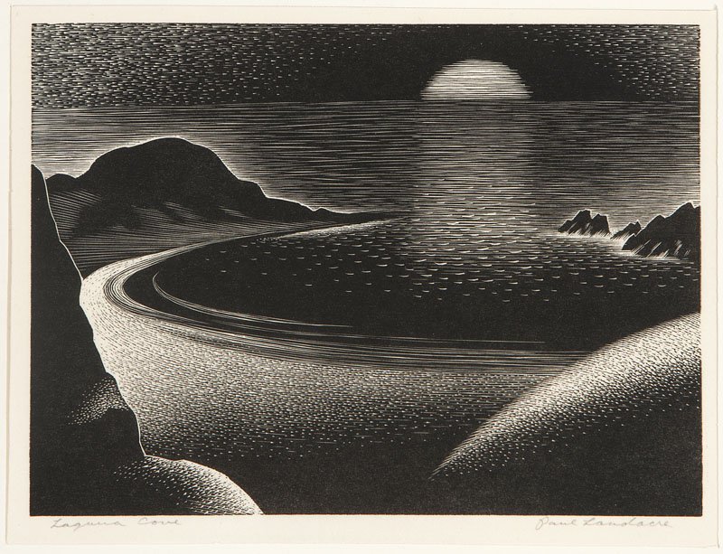 Paul Landacre (1893-1963): Laguna Cove, December 1941, signed in pencil lower right: Paul Landacre, titled in pencil lower left, unframed wood engraving on Japan paper, image size: 5.25'' x 7'', est:$800/1200. Edition: edition 